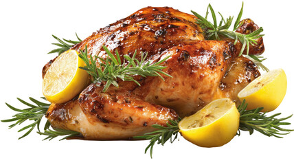  Roasted turkey with rosemary and lemon isolated on white background for festive dinner, culinary photography, and gourmet food presentation