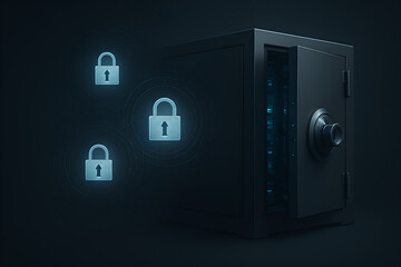Conceptual Image of a Physical Safe Opening to Reveal Digital Data, Protected by Glowing Padlock Icons, Symbolizing Cybersecurity, Data Encryption, Secure Storage, and Information Protection