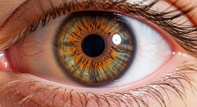 Closeup of a captivating human eye with a mesmerizing blend of hazel and green hues, showcasing intricate iris details and a striking contrast of colors