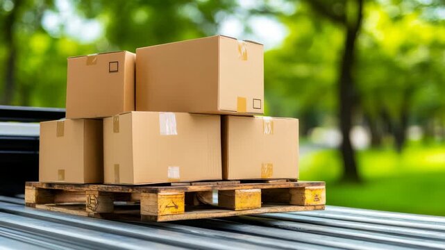 Cardboard boxes stacked on a wooden pallet in a green park during daytime