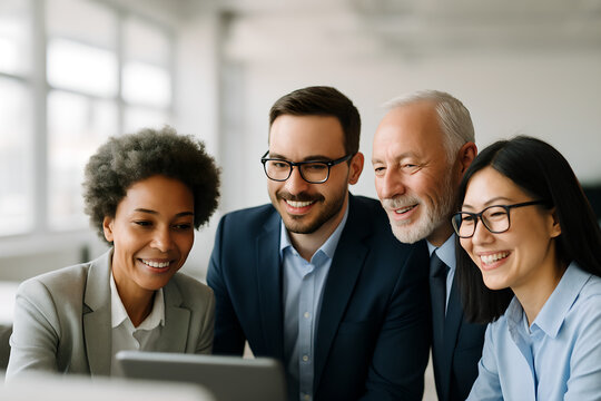 Happy and Diverse Multi-Generational Business Team Collaborating Closely on a Digital Tablet in a Bright Modern Office, Symbolizing Teamwork, Partnership, Successful Corporate Strategy, and Innovation