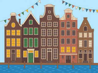 Vibrant dutch canal houses with festive bunting