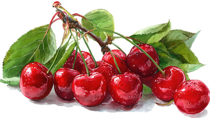  Ripe red cherry bunch with glossy skin isolated on white background for fruit photography, fresh produce, and healthy eating