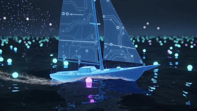 Transparent blue sailboat with circuit board patterns on water at night yacht sailing.
