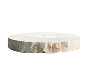 A natural, roughly-cut circular stone platform against a stark black backdrop