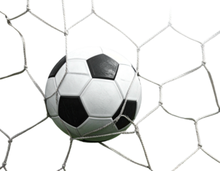 A black and white soccer ball nestled inside a white net, black background