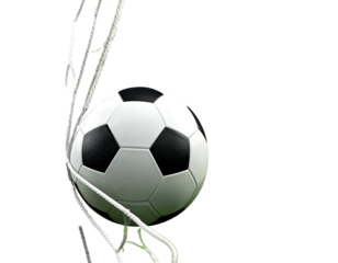 A soccer ball nestled in the net. Green grass visible below, set against a black background