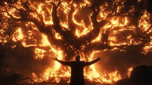 A person stands with arms outstretched before a massive, burning tree