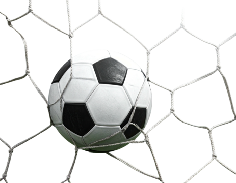 A black and white soccer ball nestled inside a white net, black background