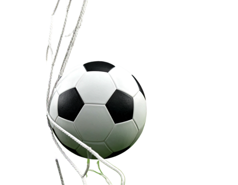 A soccer ball nestled in the net. Green grass visible below, set against a black background