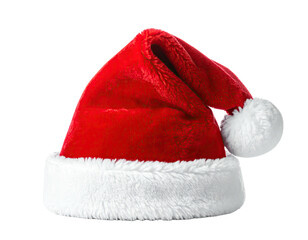 Close-up of a festive, red holiday head covering with white trim and a fuzzy pom-pom