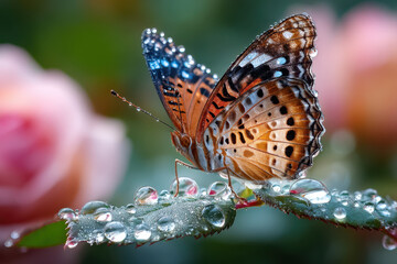 Butterfly on Dewy Leaf with Pink Flower Background