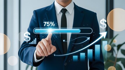 Hand Touching Digital Progress Bar at 75 Percent Completion Point 