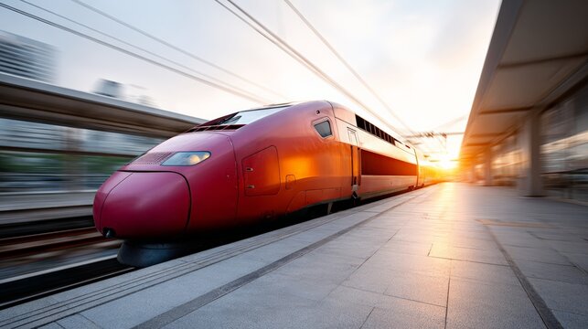 High speed red train moving with motion blur, arriving at a modern railway station platform during a vibrant sunset, representing fast travel and urban transportation - Powered by Adobe