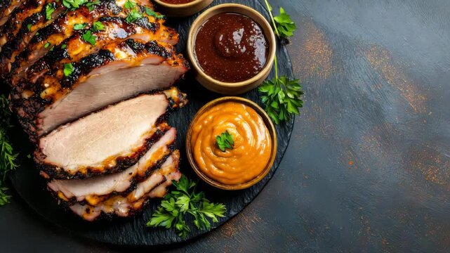 Savory grilled pork with vibrant sauces on a wooden platter showcasing delicious culinary art