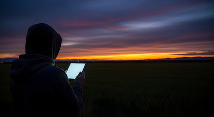 Silhouette of a Man Holding a Tablet Against a Vibrant Sunset over Fields Reflecting Modern Farming Technology and Innovative Agricultural Practices in a Rural Landscape