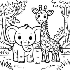 Cute Jungle Animals Coloring Page, Elephant, Giraffe, Forest, Safari vector style 