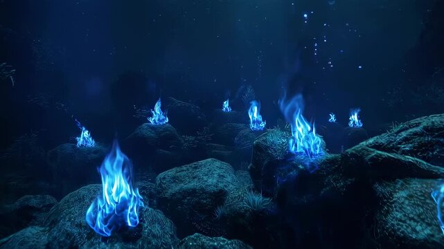 Ethereal blue flames rise underwater among rocks, merging fire and sea into a surreal vision of luminous, impossible energy.