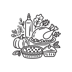 Autumn Harvest Meal Black and White Line Art