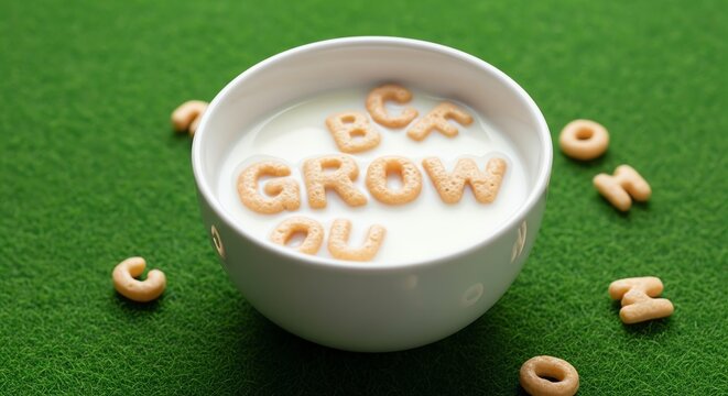 Bowl of milk with alphabet cereal letters
