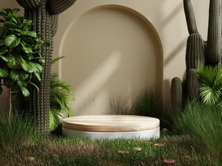 Circle wood podium in tropical forest for product presentation and cream color background.