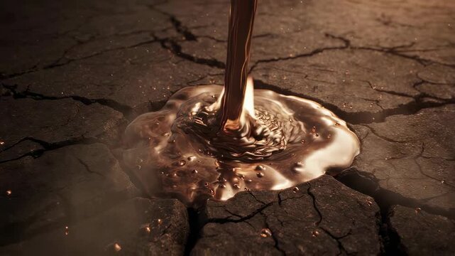 A stream of molten bronze flows onto cracked earth, merging metallic fluidity and rugged texture in a striking visual contrast.