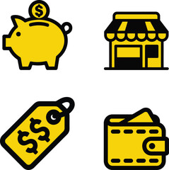 Financial Icons Set Representing Piggy Bank Store Wallet and Price Tag for Business and E Commerce C