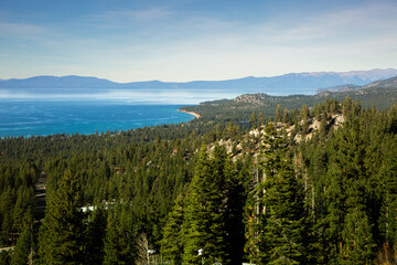 Famous Lake Tahoe Viewpoint with Panoramic Mountain Landscape, Crystal Water and Blue Sky, Iconic US Travel Location