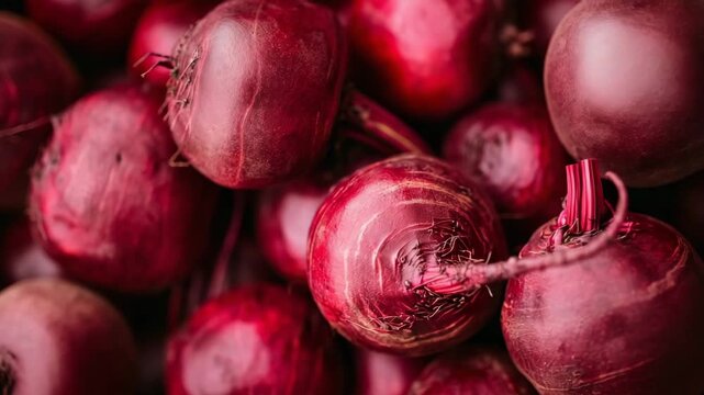 Freshly harvested red beetroots piled together in a market display