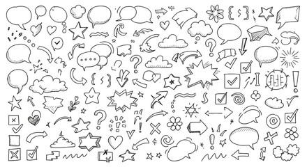 Collection of handdrawn doodle elements including speech bubbles, stars, clouds, arrows, and checkmarks on a white background