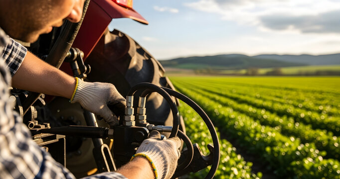 Farmer Performing Maintenance on Tractor Equipment in a Lush Green Field Underneath a Bright Sky During Sunset in Rural Landscape