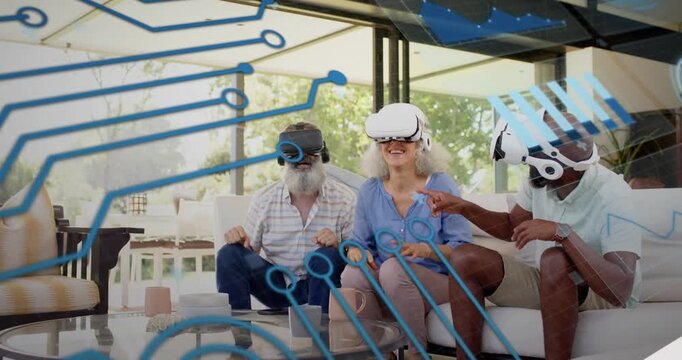 Trio wearing VR headsets launching tech demo, exploring with blue circuit overlay guiding gestures