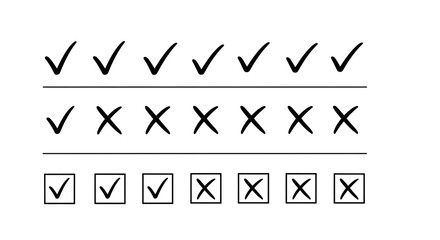 A collection of handdrawn checkmarks and crosses arranged in rows, symbolizing correct and incorrect choices or options