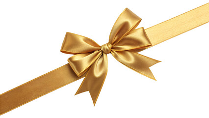 Fototapeta premium Golden gift ribbon with a bow tied in the center, horizontal layout. Isolated on transparent background, png 