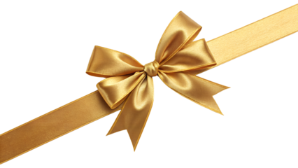 Golden gift ribbon with a bow tied in the center, horizontal layout. Isolated on transparent background, png
