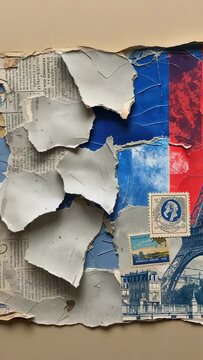 Vertical video: Closeup camera panning down collage on wall revealing queen stamp and travel poster