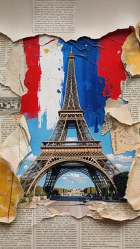 Vertical video: Camera tilting upward revealing poster in gallery, showing Eiffel Tower and paint
