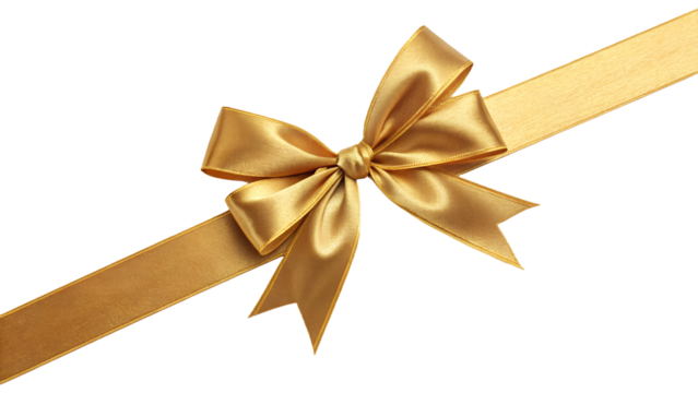 Golden gift ribbon with a bow tied in the center, horizontal layout. Isolated on transparent background, png
