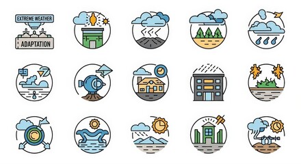 Diverse climate change impacts and adaptation strategies illustrated in circular icons