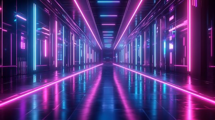 Futuristic neon corridor with blue and pink lights isolated on white background