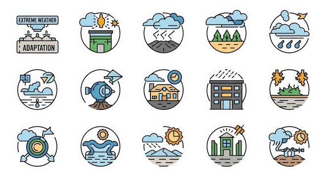 Diverse climate change impacts and adaptation strategies illustrated in circular icons