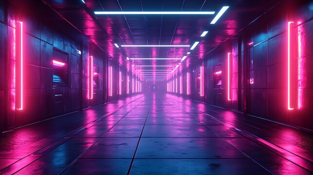 Futuristic neon corridor with pink and blue lights isolated on white background