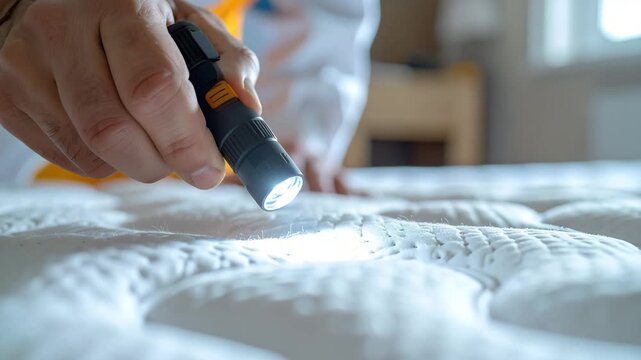 Pest control technician's hand using a flashlight to inspect a mattress seam for bed bugs.