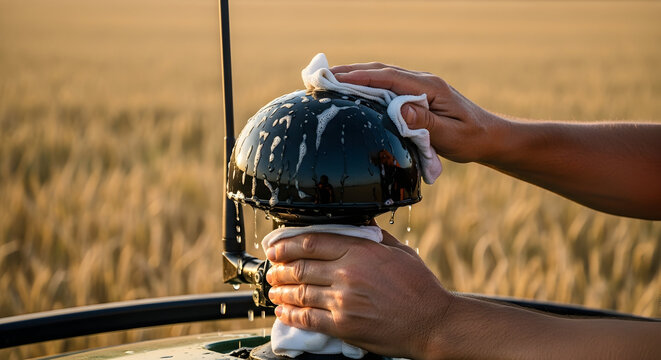 Hands Cleaning Farming Equipment with Innovative Technology on Top of a Harvester in a Golden Wheat Field During Sunset