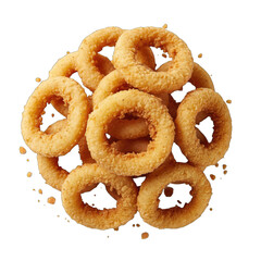 Golden Brown Crispy Onion Rings Stacked Together Isolated on a White Background with Crumb Details