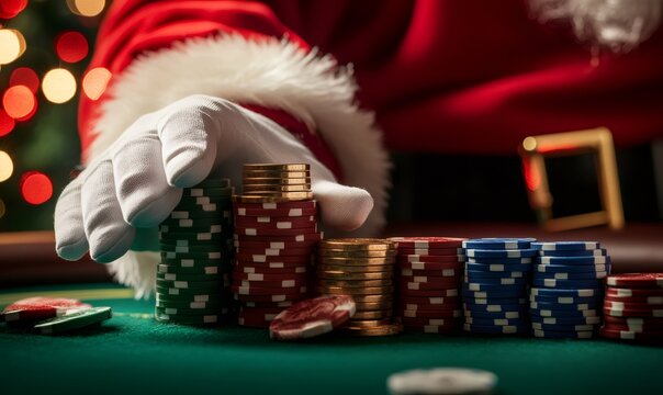 Santa claus placing a stack of colorful casino chips on a green felt table - Powered by Adobe