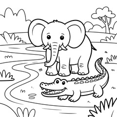 Cute Elephant and Crocodile Coloring Page vector style 