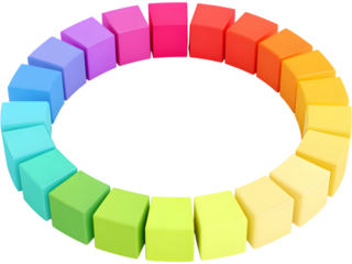 Vibrant 3D circular arrangement of colorful geometric blocks isolated on transparent background, symbolizing creativity and modern design.