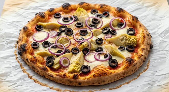 Pizza with artichoke hearts olives and red onion
