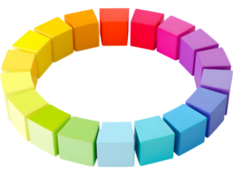Vibrant 3D circular arrangement of colorful geometric blocks isolated on transparent background, symbolizing creativity and modern design.